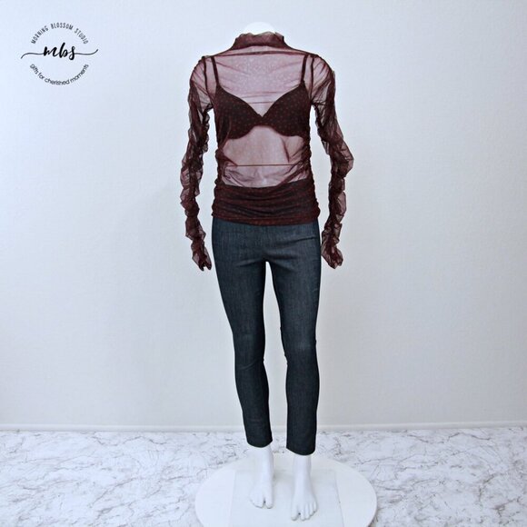 Maeve by Anthropologie Sheer Polka Dots Ruched Sleeve Top Burgundy Pink M - Picture 3 of 12